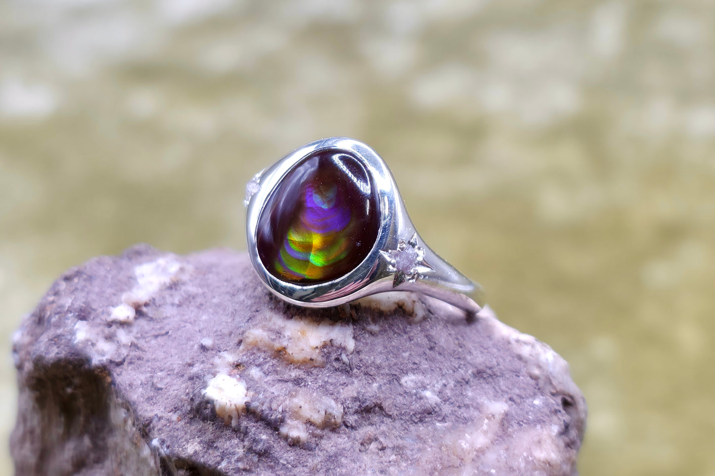 Fire Agate and Raw Diamond Ring