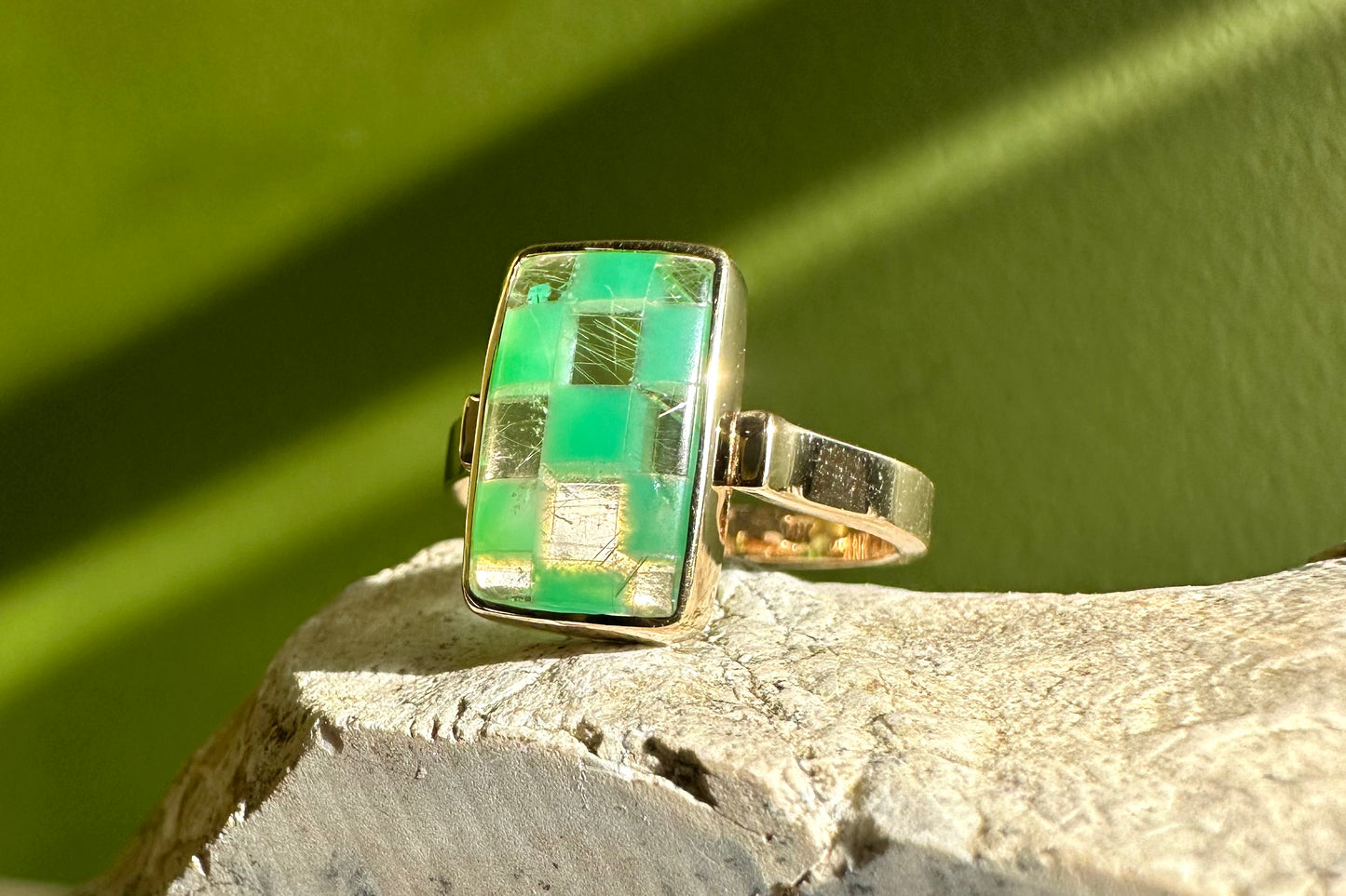 Chrysoprase and Rutilated Quartz Checkerboard Ring