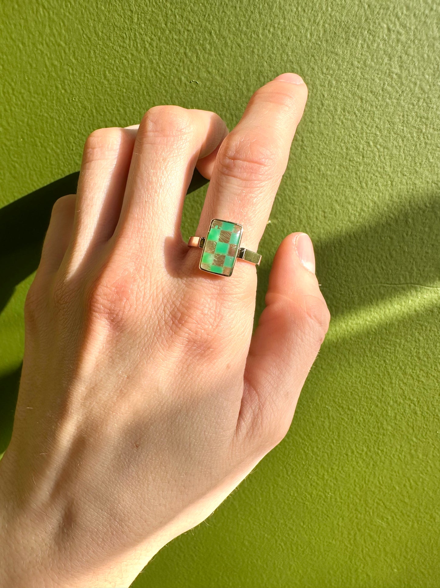 Chrysoprase and Rutilated Quartz Checkerboard Ring