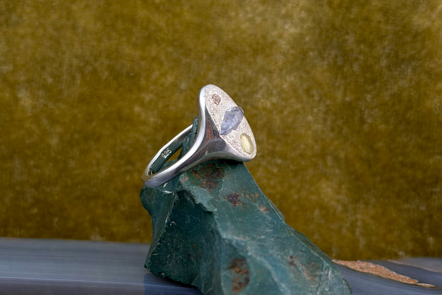 Raw Sapphire and Diamond Signet Ring