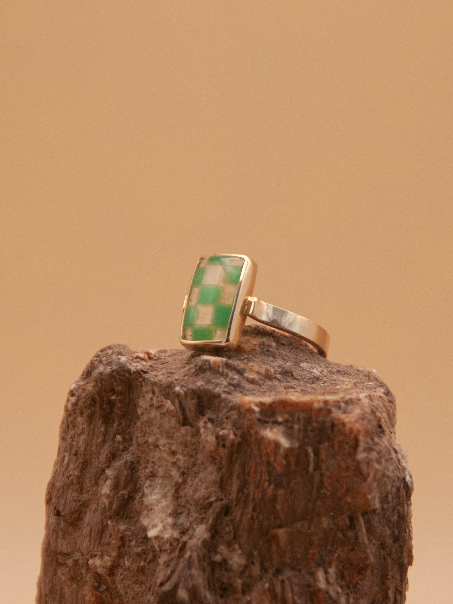Chrysoprase and Rutilated Quartz Checkerboard Ring