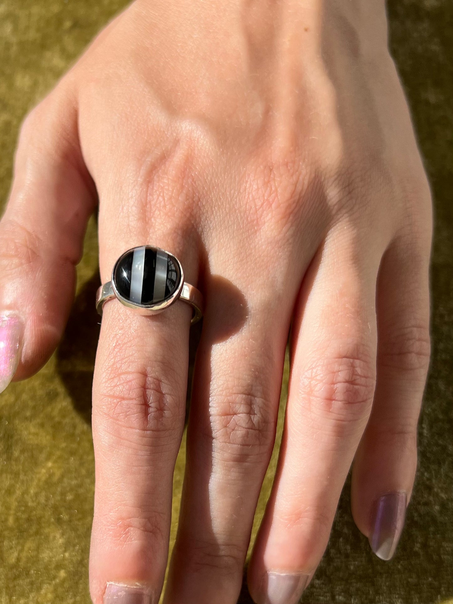 Black Onyx and Mother of Pearl Stripe Ring