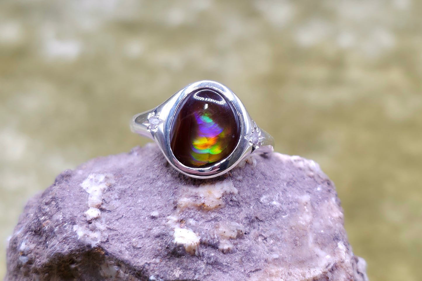Fire Agate and Raw Diamond Ring
