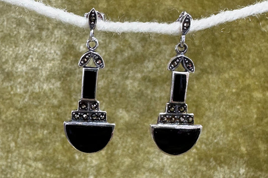 Onyx, Marcasite and Sterling Earrings