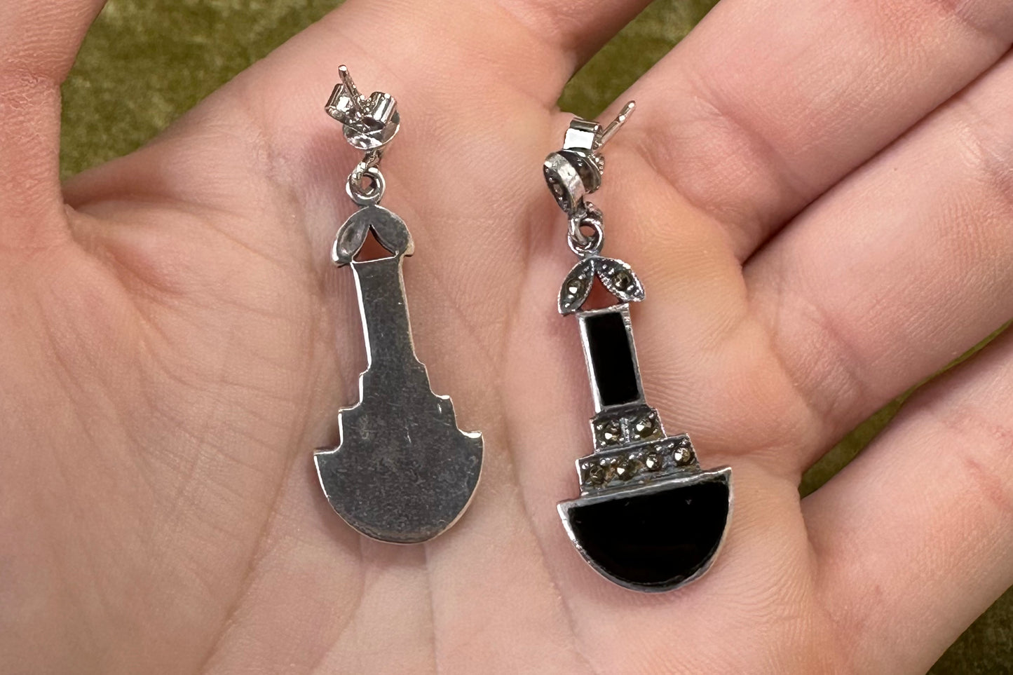Onyx, Marcasite and Sterling Earrings