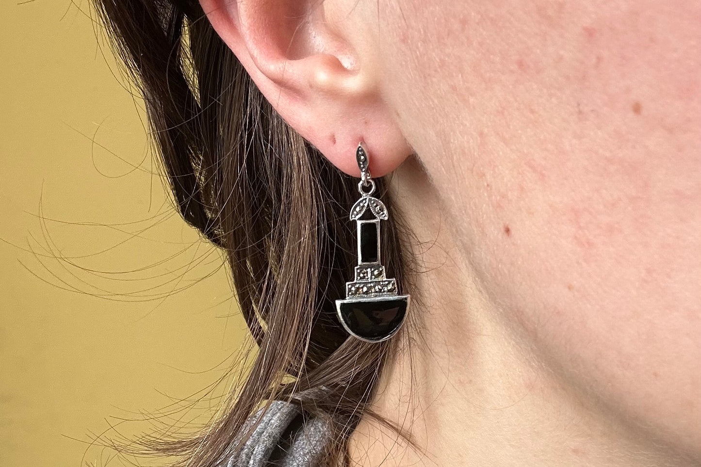 Onyx, Marcasite and Sterling Earrings
