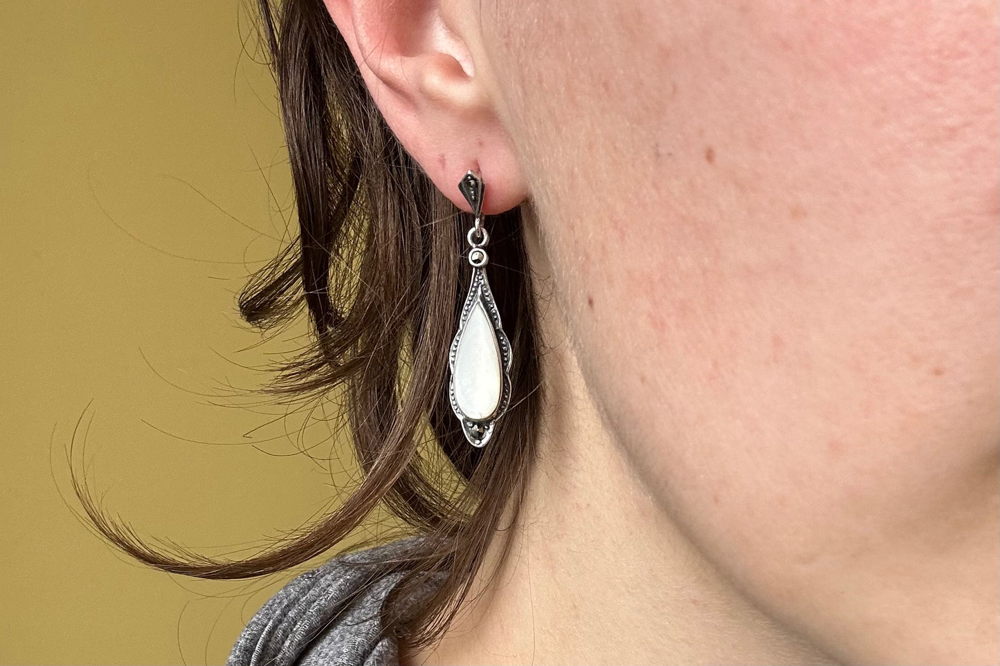 Mother of Pearl, Marcasite and Silver Earrings