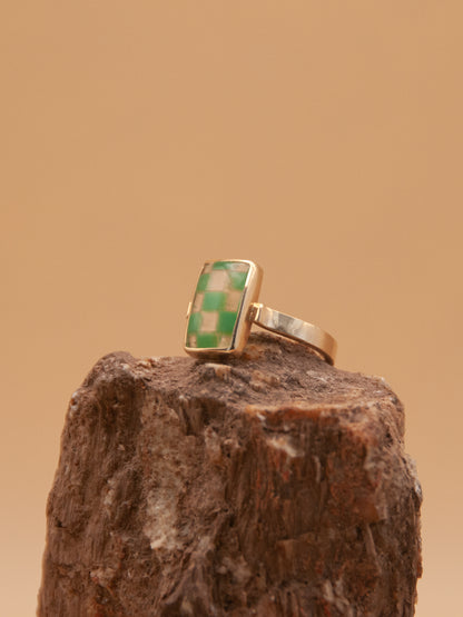 Chrysoprase and Rutilated Quartz Checkerboard Ring