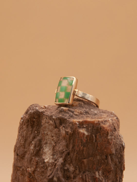 Chrysoprase and Rutilated Quartz Checkerboard Ring