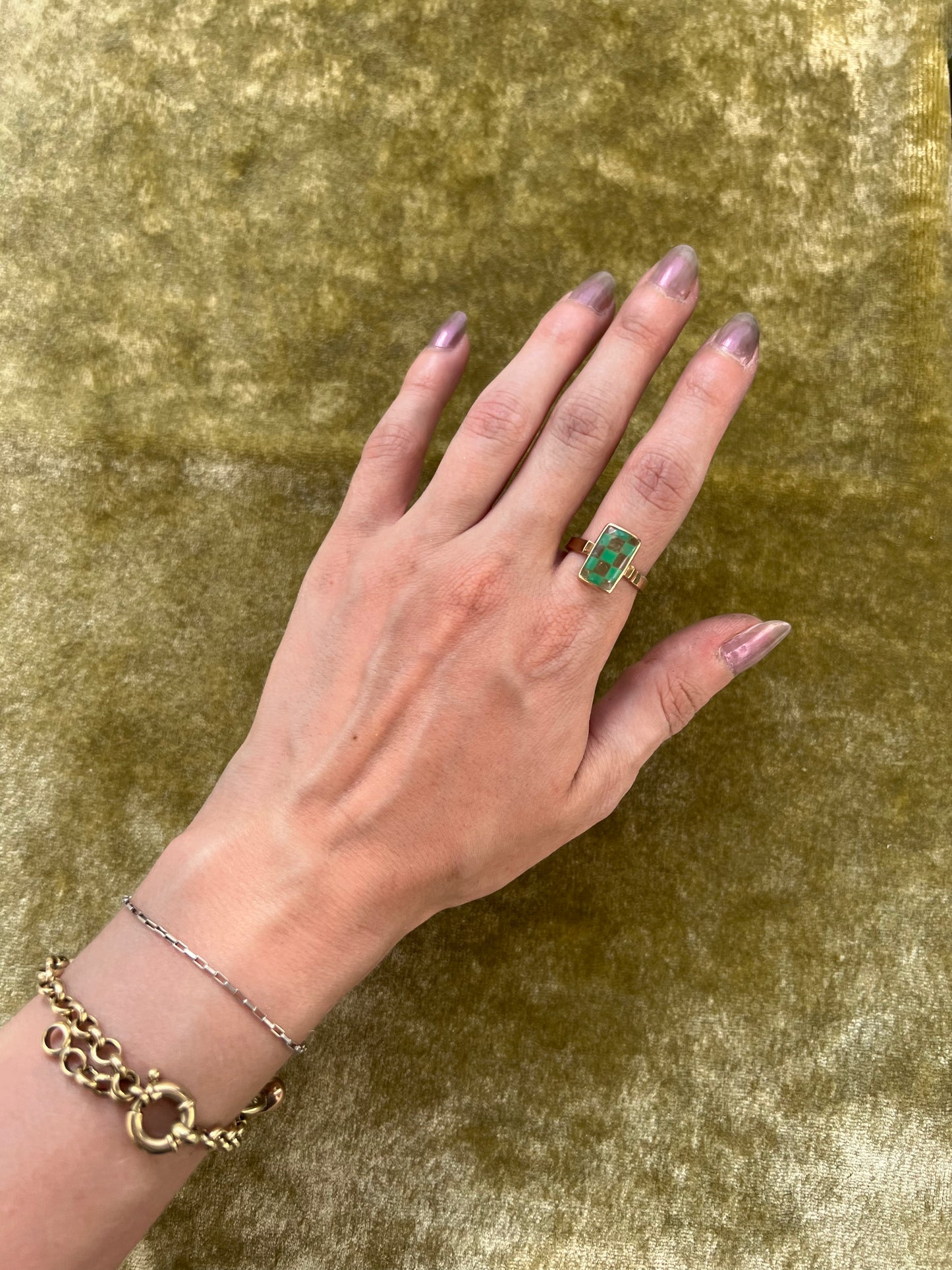 Chrysoprase and Rutilated Quartz Checkerboard Ring
