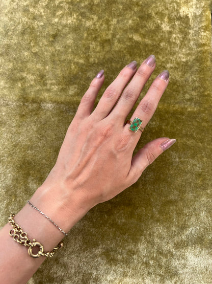 Chrysoprase and Rutilated Quartz Checkerboard Ring